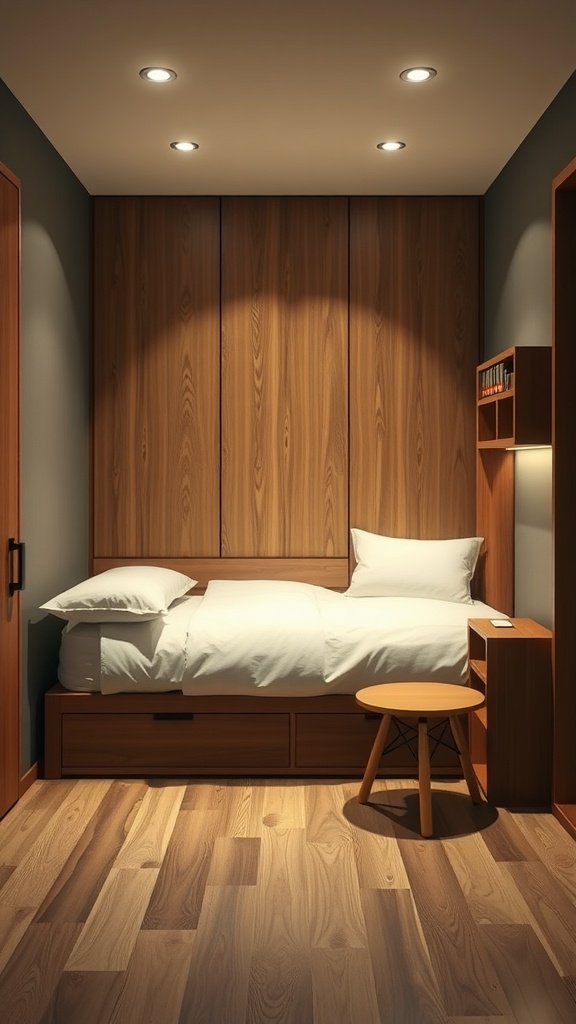 A box room bedroom featuring a bed with storage drawers, a small side table, and a wall-mounted shelf.