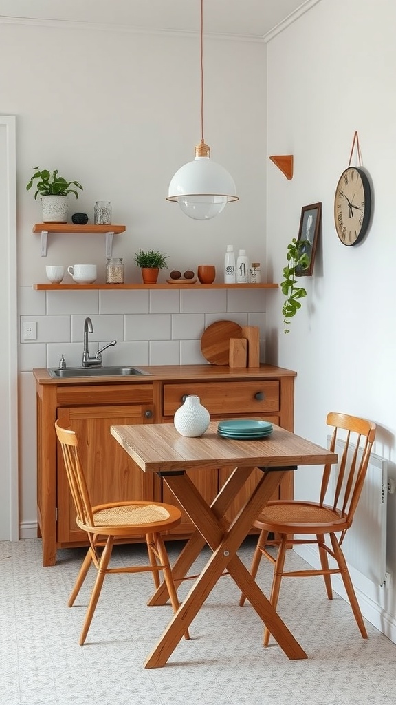 A small kitchen featuring a wooden table and chairs, with open shelves displaying plants and kitchen items.