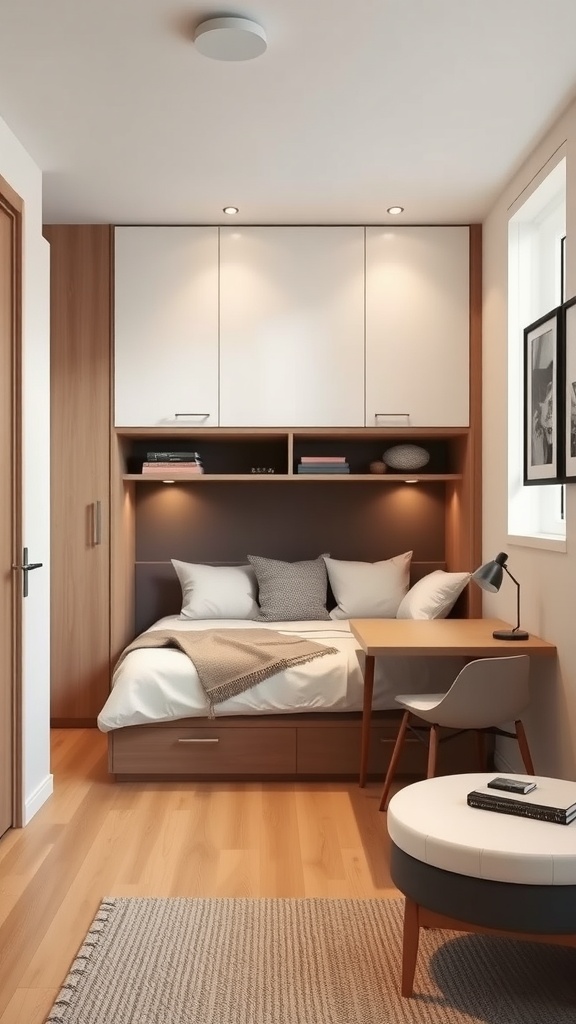 A small masculine bedroom featuring a bed with storage drawers, a compact desk, and a cozy design.