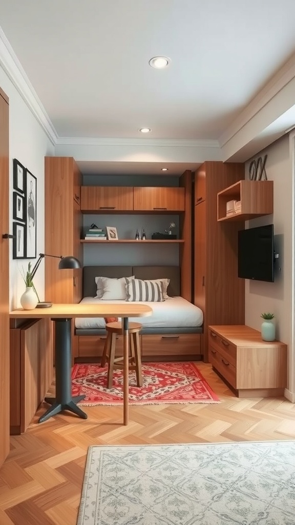 A compact bedroom featuring multi-functional furniture, including a bed, desk, and storage solutions.
