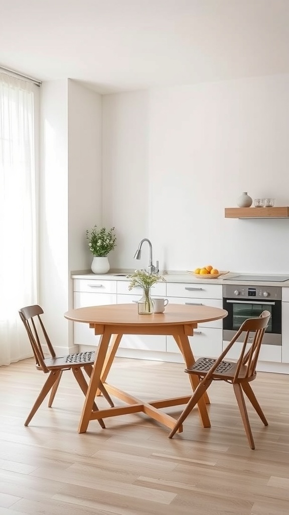 A minimalist kitchen featuring a round wooden table and two chairs, emphasizing multi-functional furniture.
