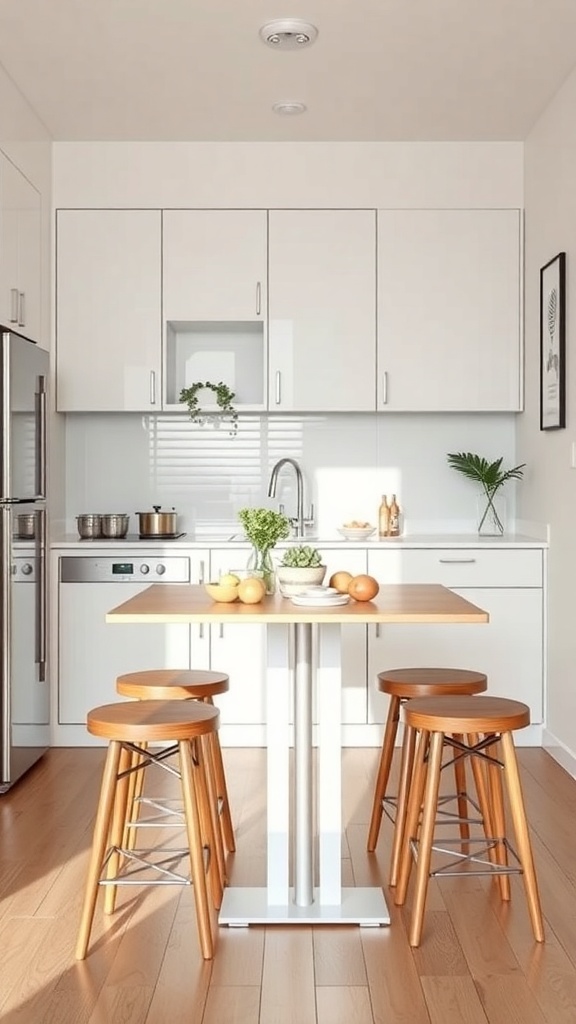 A modern tiny apartment kitchen featuring a multi-functional table and stools, with plants for decoration.