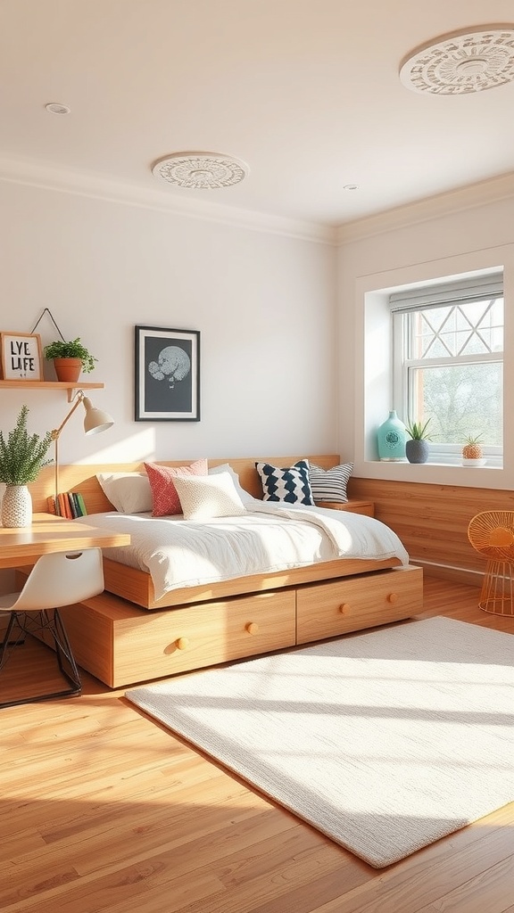 A cozy teen bedroom with multi-functional furniture, including a bed with storage drawers and a desk area.