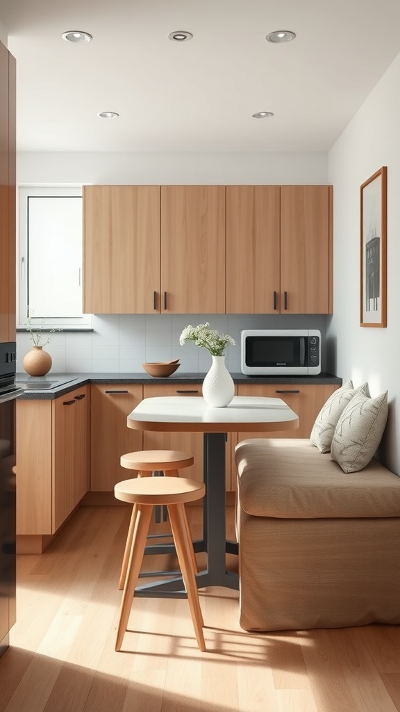 A small kitchen featuring a compact table with stools and built-in seating, designed for multi-functionality.