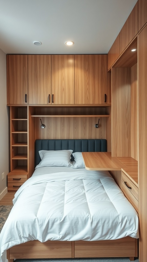 A narrow bedroom featuring multi-functional furniture, including a bed with built-in storage and a workspace.