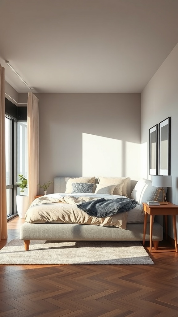 A small square bedroom with a bed, nightstand, and natural light