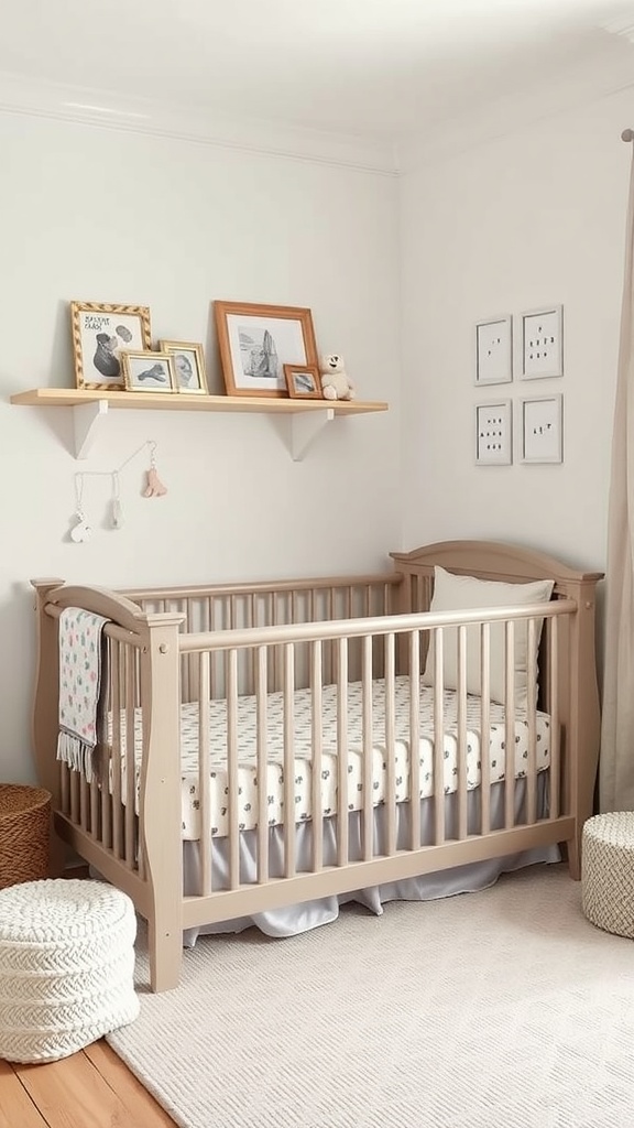 A cozy nursery featuring a crib, decorative shelves, and soft textures for a warm atmosphere.