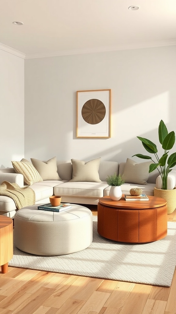 A cozy living room with a sectional couch, round ottomans, and coffee tables, blending a playroom vibe