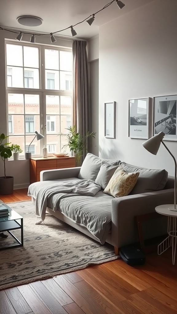 Cozy living room with a sofa, coffee table, and plants, showcasing multi-functional furniture.