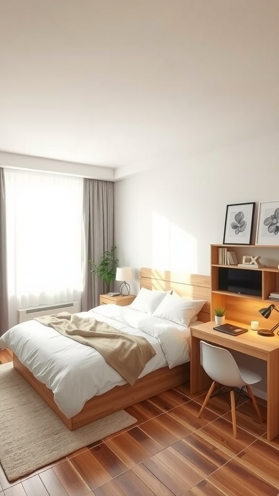 An L-shaped bedroom featuring a cozy bed and a multi-functional desk area with natural lighting.