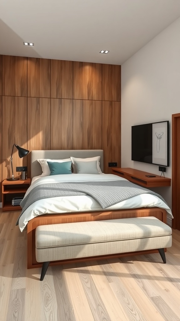 A small bedroom featuring a king bed with a wooden frame, complemented by a bench at the foot, wall-mounted TV, and stylish nightstands.