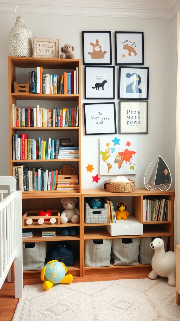 A wooden bookshelf filled with colorful children's books, plush toys, and decorative items, showcasing a cozy nursery space.