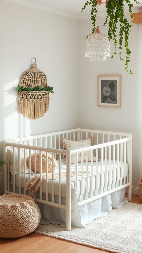 A cozy boho nursery featuring a crib, pouf, and decorative elements.