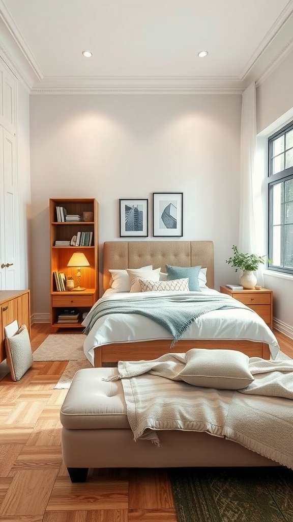 Modern bedroom with multi-functional furniture including a bed, storage bench, and bookshelf.