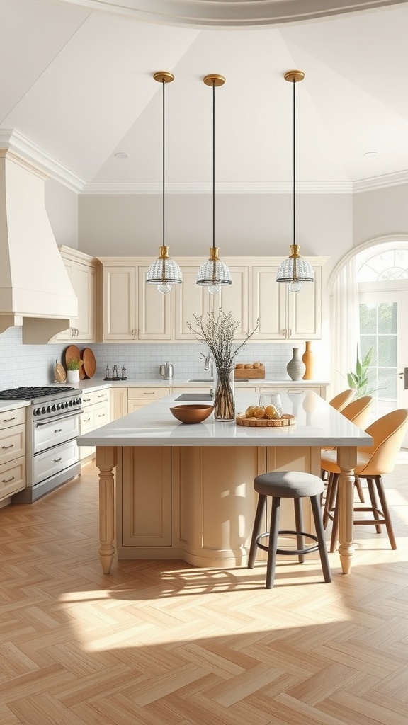 A spacious kitchen featuring a multi-functional island with light wood tones, stools, and decorative items.