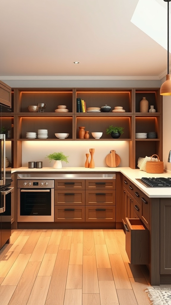 A modern kitchen featuring a multi-functional island with wooden cabinets and open shelving.