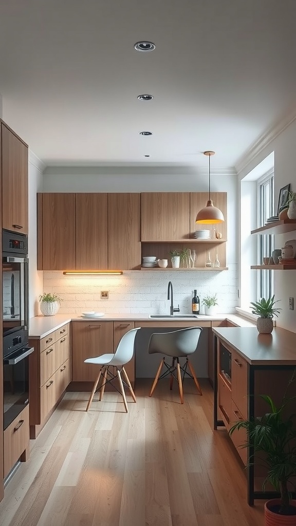 A modern kitchen featuring wooden cabinets, a sleek table with chairs, and plants, designed for multi-functional use.