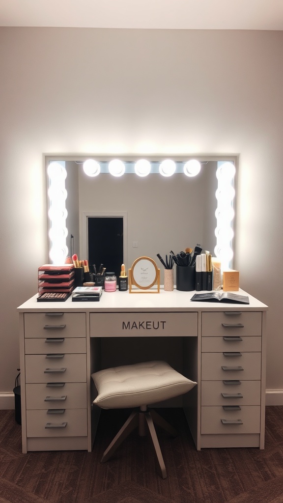 A stylish modern makeup station with a mirror surrounded by lights, makeup products, and a comfortable chair.