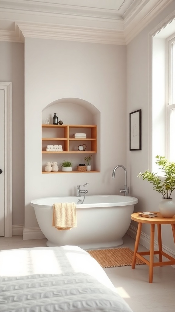 A stylish bathroom with a functional niche featuring wooden shelves and a bathtub.