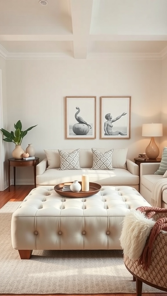 A stylish living room featuring a tufted ottoman, neutral sofa, and decorative accents.