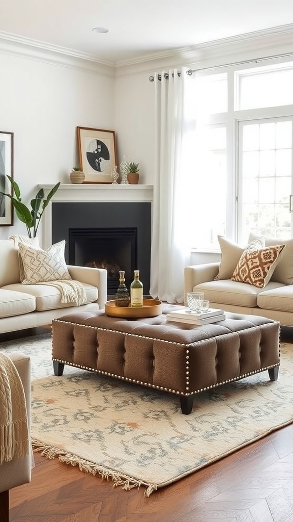 A cozy living room featuring a tufted brown ottoman table, surrounded by light-colored sofas and a patterned rug.