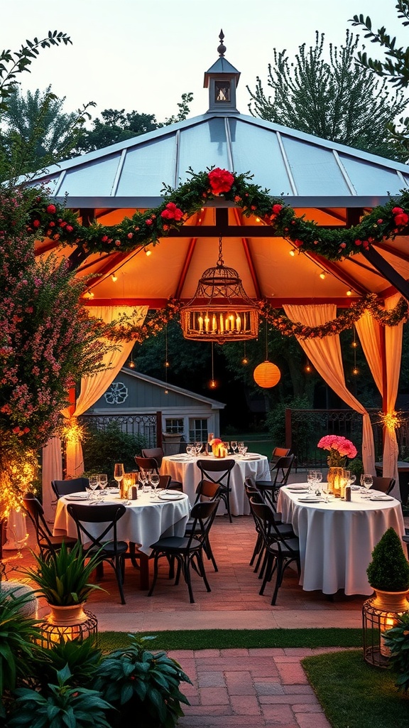 A beautifully decorated backyard gazebo with tables set for a party, featuring floral arrangements and soft lighting.
