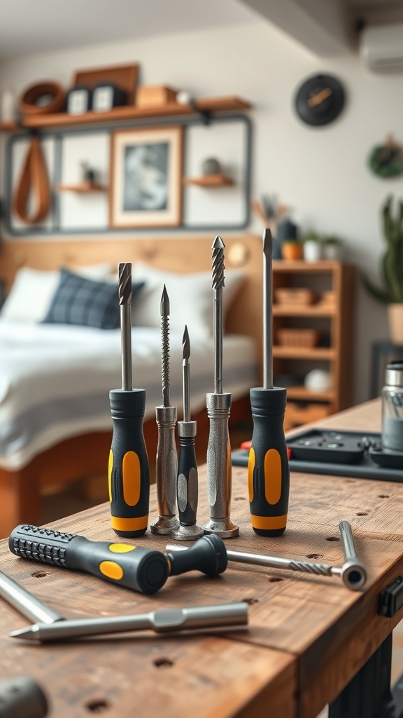 A multi-functional screwdriver set displayed on a workbench, featuring various sizes and types of screwdrivers.