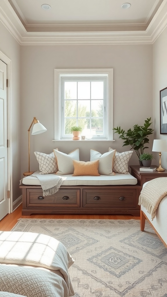 Cozy bedroom nook with a built-in storage bench and cushions.