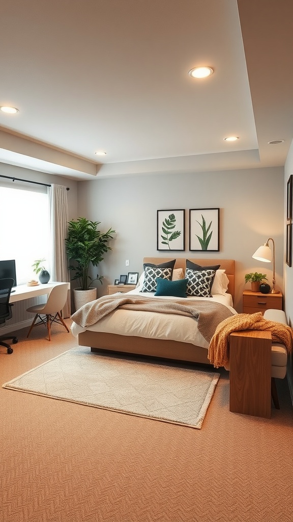 A multi-functional basement bedroom featuring a bed, desk, and plants.