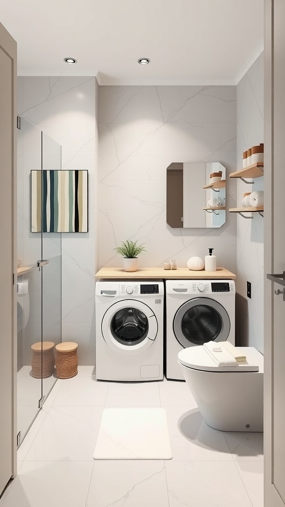A modern bathroom featuring a washing machine, dryer, and minimalistic decor.