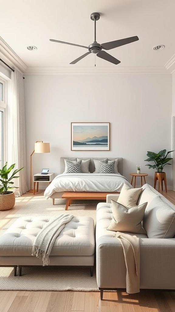 A cozy living room with a sofa, ottoman, and a bedroom area, featuring plants and natural light.