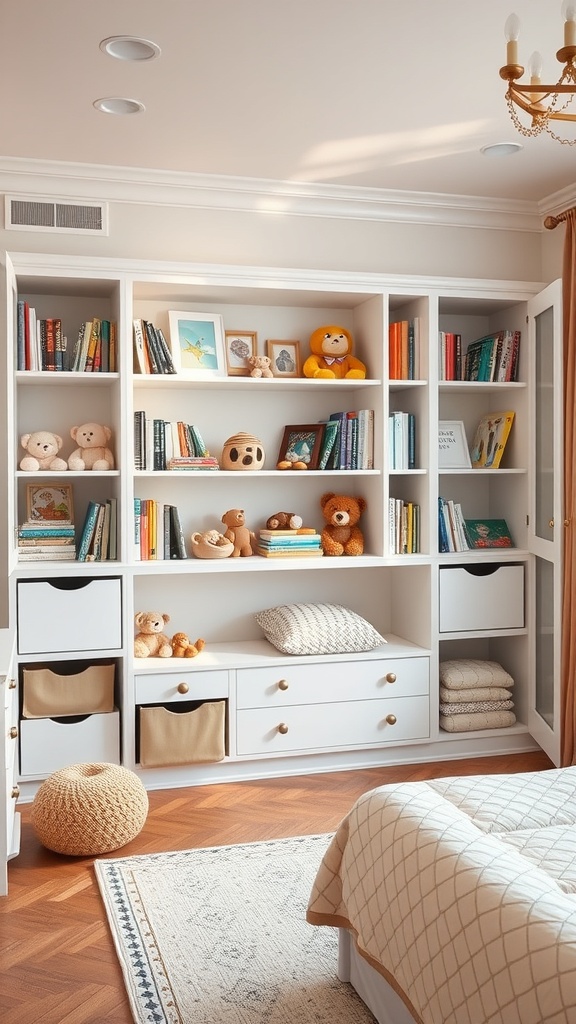 A nursery bookshelf filled with books, toys, and decorative items, featuring drawers and baskets for storage.