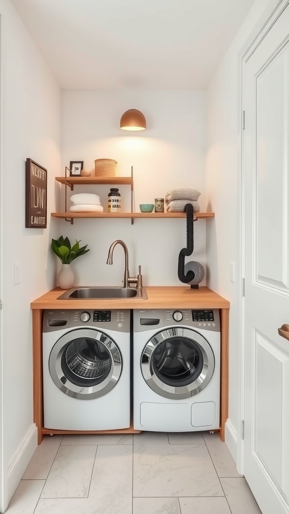 A compact laundry room with a utility sink, washing machine, and dryer