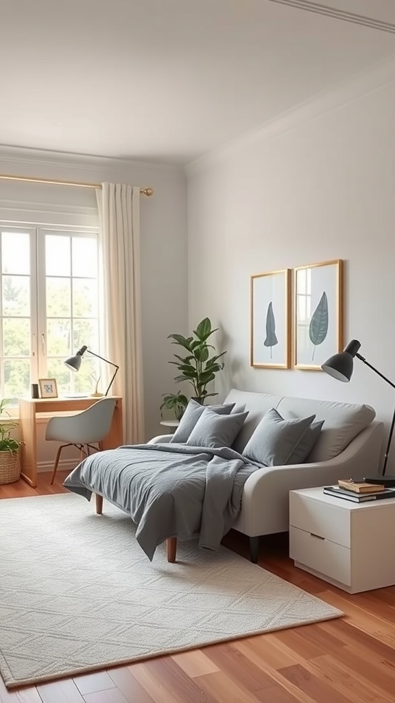 Cozy small home office with a sofa bed, desk, and plants