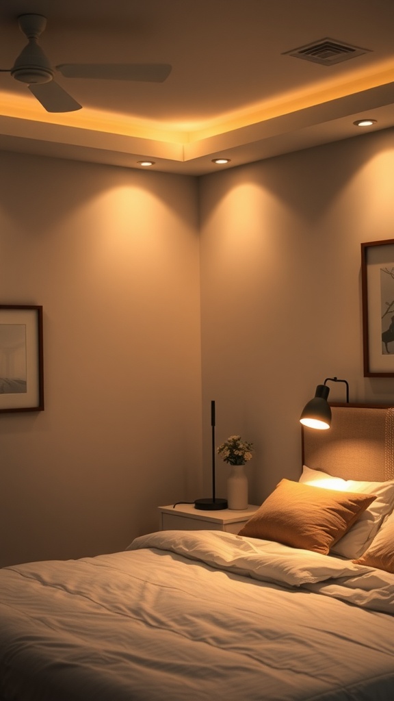 A cozy luxury bedroom with layered lighting featuring a bedside lamp and ceiling lights.