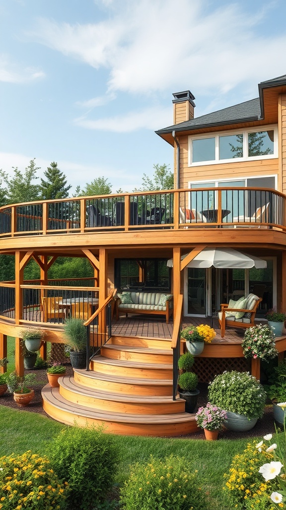 A multi-level wooden deck with seating areas, planters, and stairs leading between levels.