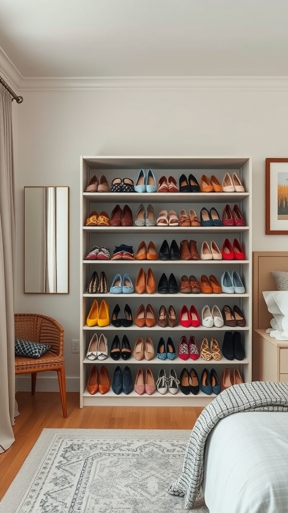 A multi-level shoe rack displaying various pairs of shoes in a stylish bedroom setting.
