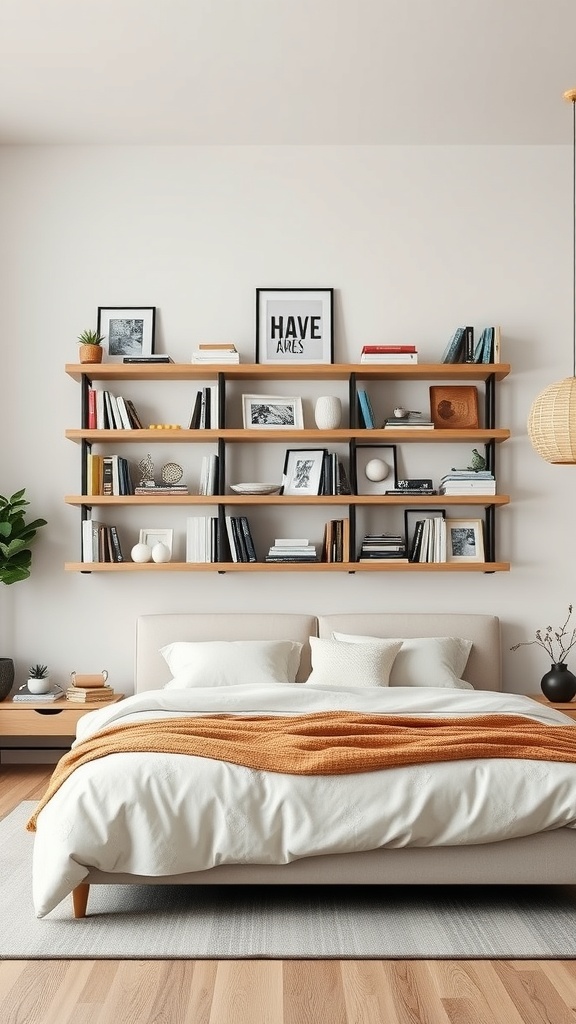 A multi-level wall bookshelf above a bed with books and decorative items.