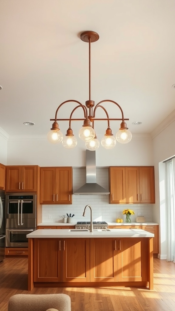 A multi-light fixture hangs over a kitchen island in a modern kitchen with wooden cabinets.