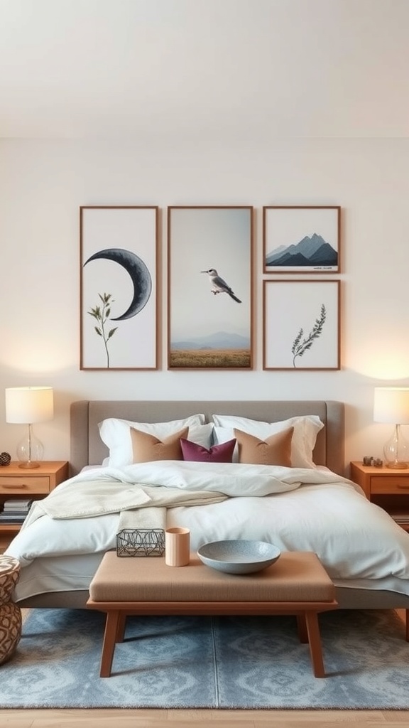 A multi-panel artwork display featuring nature themes, including a crescent moon and mountains, above a cozy bed in a stylish bedroom.