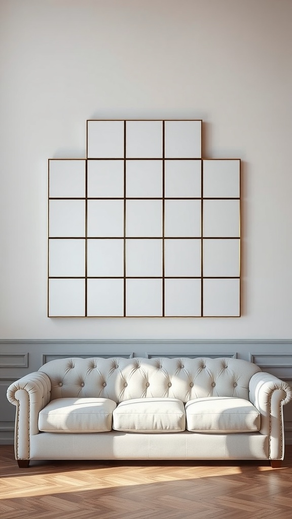 Living room with a multi-panel mirror above a white tufted sofa