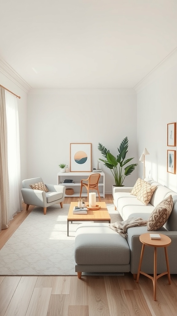 A minimalist living room featuring a light color palette, a cozy sofa, a coffee table, and a plant.