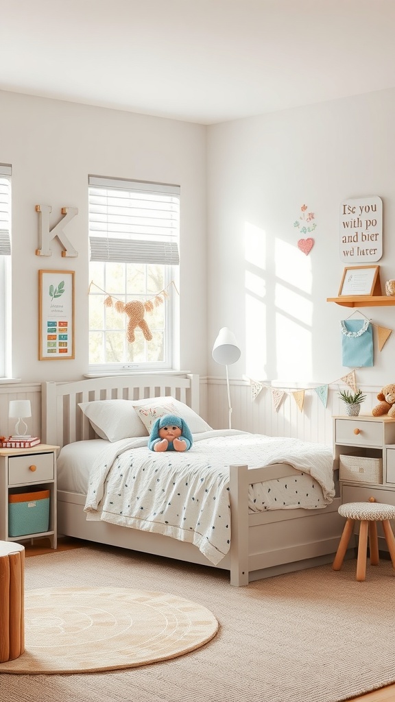 A cozy kindergarten bedroom featuring a bed, side table, and playful decor.