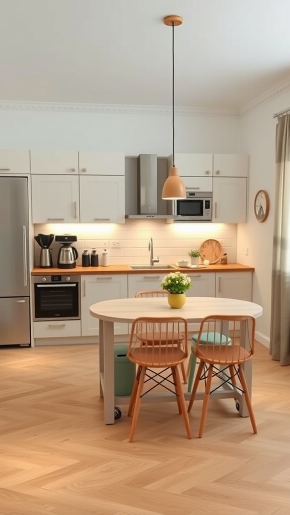 A modern small kitchen featuring a round table with two chairs, cabinets, and appliances.