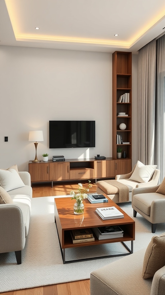 A modern living room with a TV area featuring a sleek TV stand, comfortable sofas, and a multi-functional coffee table.