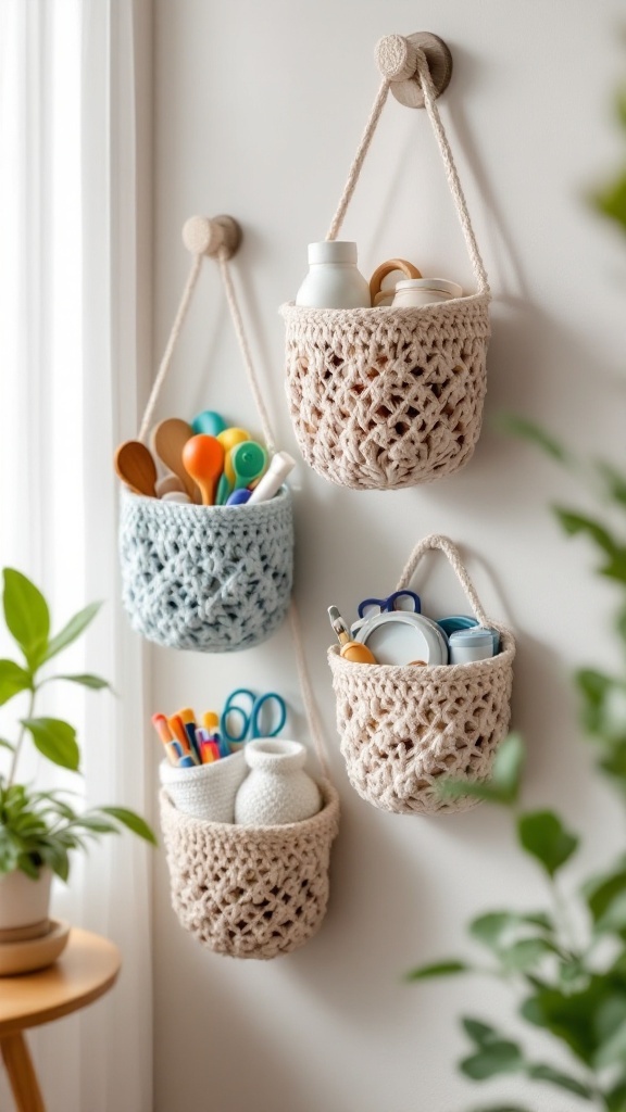 Three multi-purpose hanging crochet baskets holding various items on a wall