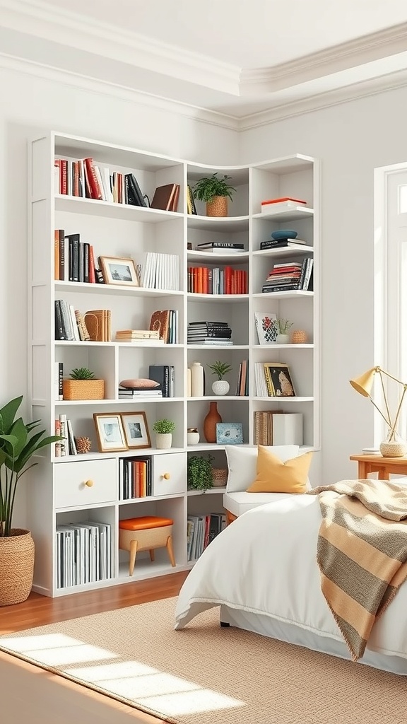 A multi-tiered corner bookshelf filled with books and decorative items in a bright room.