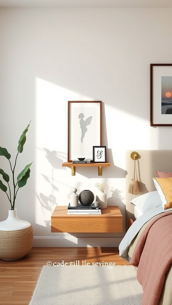 A multi-tiered floating nightstand with a drawer and a shelf, decorated with books and a plant, beside a cozy bed.