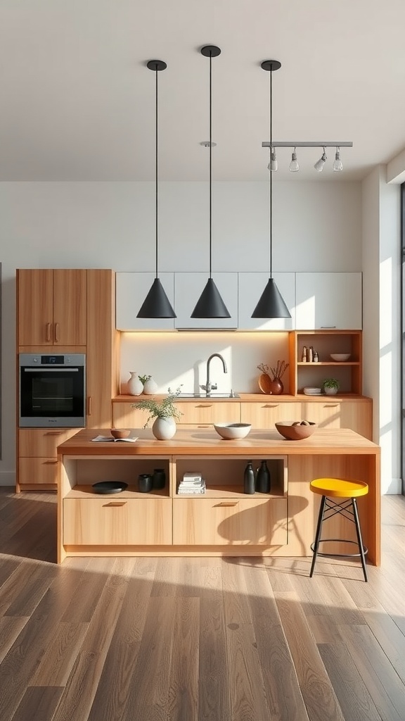 A modern kitchen featuring a multi-tiered island with wood finishes, a yellow stool, and pendant lighting.