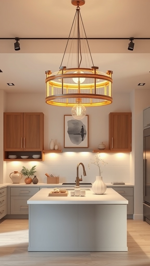 A modern kitchen with a multi-tiered chandelier over the island, featuring warm lighting and stylish decor.